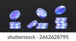 3D holographic coin stack with purple neon effect, isolated on a dark background. Render of iridescent chrome coin pile, game token, casino chip, digital currency, or treasure. 3D vector illustration