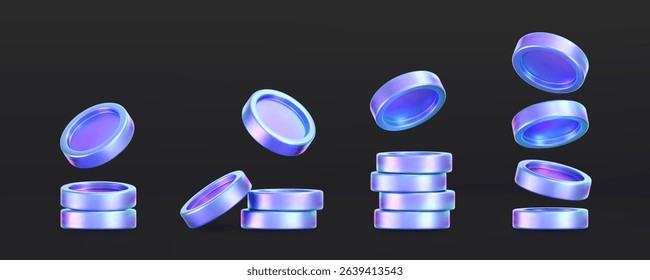 3D holographic coin stack with purple neon effect, isolated on a dark background. Render of iridescent chrome coin pile, game token, casino chip, digital currency, or treasure. 3D vector illustration