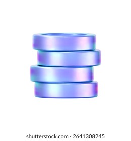 3D holographic coin stack with purple neon effect, isolated on a white background. Render of iridescent chrome coin pile, game token, casino chip, digital currency, or treasure. 3D vector illustration