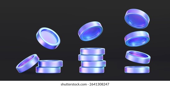 3D holographic coin stack with purple neon effect, isolated on a dark background. Render of iridescent chrome coin pile, game token, casino chip, digital currency, or treasure. 3D vector illustration