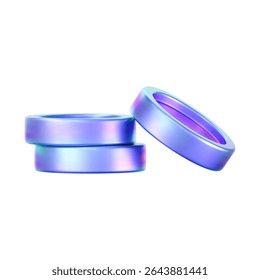 3D-Hologramm-Münzstapel mit violettem Neoneffekt, einzeln auf weißem Hintergrund. Render von irisierenden Chrom Münze Stapel, Spielmarke, Casino-Chip, digitale Währung, oder Schatz. 3D-Vektorgrafik