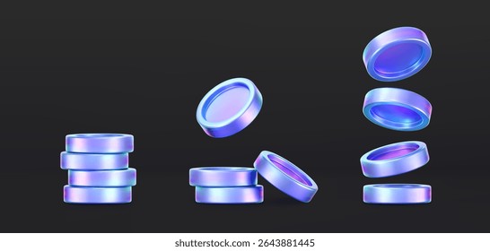 3D holographic coin stack with purple neon effect, isolated on a dark background. Render of iridescent chrome coin pile, game token, casino chip, digital currency, or treasure. 3D vector illustration