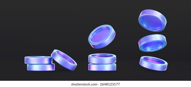 3D-Hologramm-Münzstapel mit violettem Neoneffekt, einzeln auf dunklem Hintergrund. Render von irisierenden Chrom Münze Stapel, Spielmarke, Casino-Chip, digitale Währung, oder Schatz. 3D-Vektorgrafik