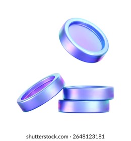 Pila de moneda holográfica 3D con efecto de neón púrpura, aislado en un fondo blanco. Render de la pila de monedas de cromo iridiscente, ficha de juego, chip de casino, moneda digital o tesoro. Ilustración vectorial 3D