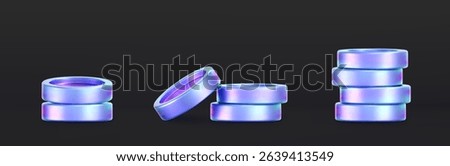3D holographic coin stack with purple neon effect, isolated on a dark background. Render of iridescent chrome coin pile, game token, casino chip, digital currency, or treasure. 3D vector illustration