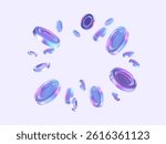 3D holographic coins in circular motion. Abstract currency, balance and reward concept. Vector render illustration.