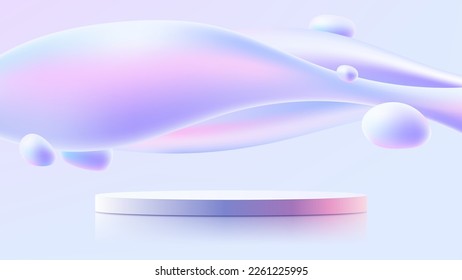 3D holographic color podium stand and fluid liquid elements floating in the air soft blue background  Product display for cosmetic  beauty  showroom  showcase  presentation  etc  Vector