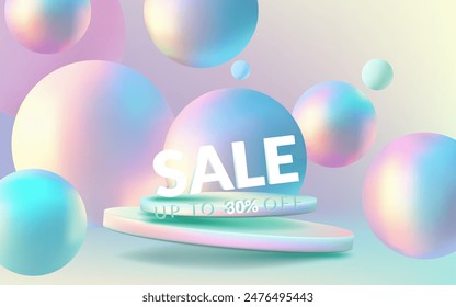 Composición holográfica 3D con bolas brillantes sobre un fondo abstracto de neón. Diseño de Anuncio de venta moderna con Formas geométricas, podio y un gradiente minimalista. Elemento moderno y creativo. No la IA.