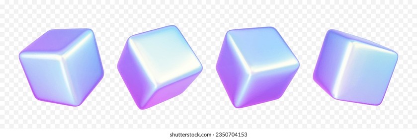 3d holographic cube shape abstract vector graphic isolated on transparent background. Gradient geometric square figure render icon design in pink and blue hologram effect. Creative futuristic polygon