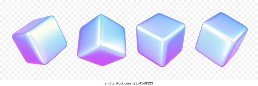 3d forma de cubo holográfico de forma de vector abstracto aislado en fondo transparente. Diseño de iconos de representación de figuras cuadradas geométricas degradadas en efecto holograma rosa y azul. Polígono futurista creativo