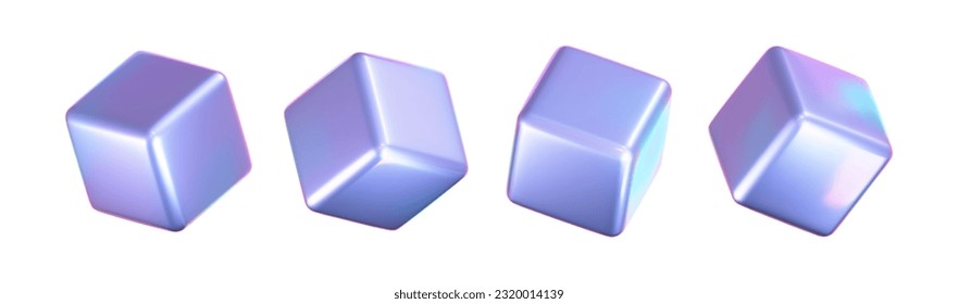 3d holographic cubes set with iridescent chrome effect isolated on white background. Render holographic metal rotating box with rainbow gradient effect. 3d vector geometric shapes