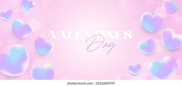 3d Holographic Valentine’s Day banner with dreamy blue and pink hearts, soft gradients, and bokeh effects for romantic celebrations and event designs