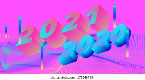 3D Holographic digits on neon vivid background. 2020 - 2021 Happy New Year concept illustration for poster, cover, calendar or wall print. Retrofuturistic synthwave and vaporwave aesthetics.