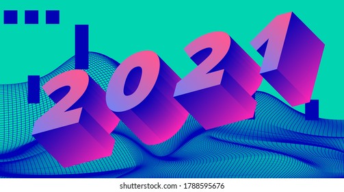 3D Holographic digits on neon vivid background. 2021 Happy New Year concept illustration for poster, cover, calendar or wall print. Retrofuturistic synthwave and vaporwave aesthetics.