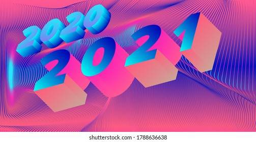 3D Holographic digits on neon vivid background. 2020 - 2021 Happy New Year concept illustration for poster, cover, calendar or wall print in retrofuturistic synthwave and vaporwave style.