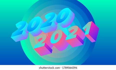 3D Holographic digits on neon vivid background. 2020 - 2021 Happy New Year concept illustration for poster, cover, calendar or wall print in retrofuturistic synthwave and vaporwave style.