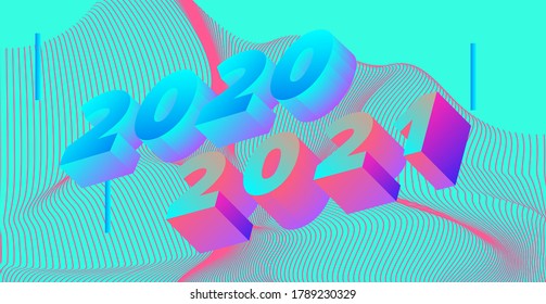 3D Holographic digits on neon vivid background. 2020 - 2021 Happy New Year concept illustration for poster, cover, calendar or wall print in retrofuturistic synthwave and vaporwave style.