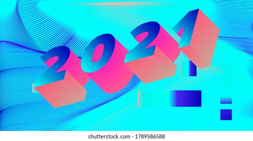 3D Holographic digits on neon vivid background. 2021 Happy New Year concept illustration for poster, cover, calendar or wall print in retrofuturistic synthwave and vaporwave style.