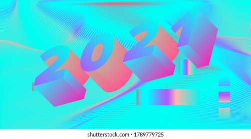 3D Holographic digits on neon vivid background. 2021 Happy New Year concept illustration for poster, cover, calendar or wall print in retrofuturistic synthwave and vaporwave style.