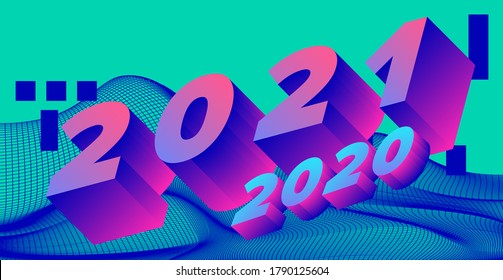 3D Holographic digits on neon vivid background. 2020 - 2021 Happy New Year concept illustration for poster, cover, calendar or wall print in retrofuturistic synthwave and vaporwave style.