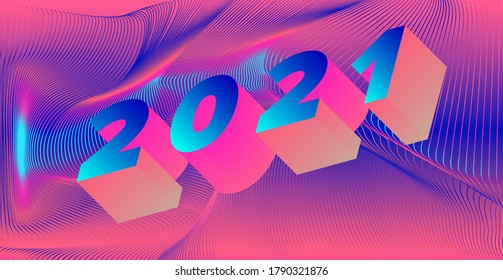 3D Holographic digits on neon vivid background. 2020 - 2021 Happy New Year concept illustration for poster, cover, calendar or wall print in retrofuturistic synthwave and vaporwave style.