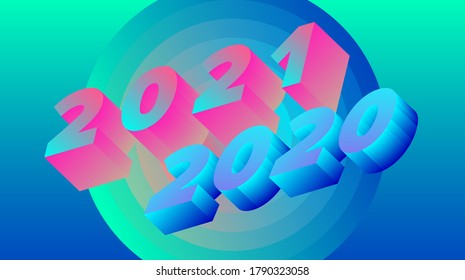 3D Holographic digits on neon vivid background. 2020 - 2021 Happy New Year concept illustration for poster, cover, calendar or wall print in retrofuturistic synthwave and vaporwave style.