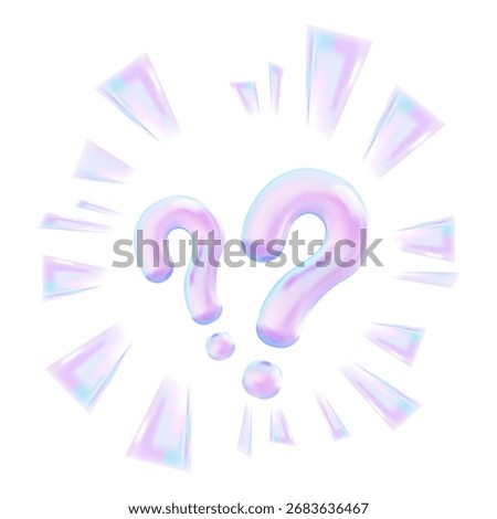 3D holographic double question marks with glowing light rays isolated on white background for FAQ, curiosity and digital design