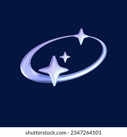 3d holographic falling or flying star in y2k futuristic style isolated on dark background. Render 3d cyber chrome galaxy shooting star emoji with blings and sparks. 3d vector y2k illustration