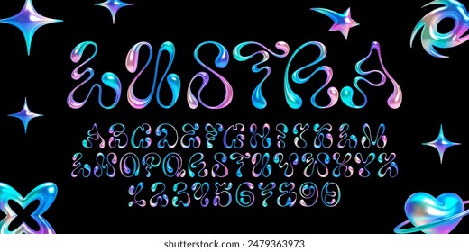 3d holographic font in y2k style. Flowing liquid metal alloy letters and numbers with shiny iridescent chrome surface, rainbow holographic effect in neon colors. Vector font for retrofuturistic design