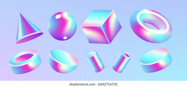 Conjunto primitivo geométrico 3d holográfico . Esfera 3D realista, toro, cubo, tubo. Formas geométricas holográficas brilhantes. Design moderno iridescente, efeito de filme fino. Vetor