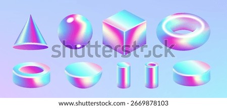 3d holographic geometric primitive shape set . Realistic 3d sphere, torus, cube, tube. Glossy holographic geometric shapes. Iridescent trendy design, thin film effect. Vector