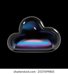 3d holographic glass cloud icon with glossy, reflective surface. Neon gradient balloon bubble shape, isolated render vector element for weather symbols, Y2K design, and futuristic digital projects