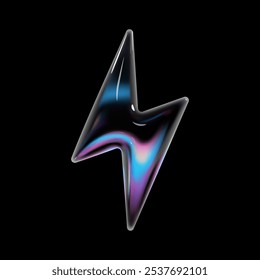 3d holographic glass lightning bolt icon with glossy, reflective surface. Neon gradient balloon shape as an electric sign or symbol for energy, power, charge, and flash in Y2K style