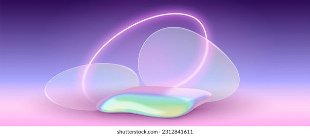 3d holographic glass morphism blur stone podium background. Neon light hologram product display stage room vector mockup. Abstract soft pedestal platform and vibrant y2k gradient showroom illustration