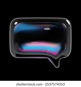 3d holographic glass speech bubble icon with glossy reflective surface. Neon gradient balloon shape with dispersion light in Y2K design. Isolated vector element for chat, message, talk, text box