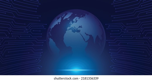 3D holographic globe neon style display on technology background. Futuristic concept tech vector banner and wallpaper theme