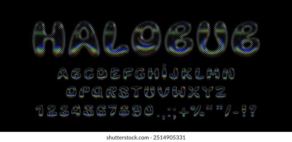 3d holographic halftone font with bubble Y2K design, inflated shapes and crystal glass rainbow gradient. Isolated English alphabet, numbers, and symbols for futuristic and vibrant typography projects
