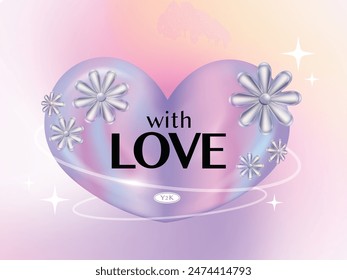 3d holographic heart icon in y2k style with silver flower isolated on a pastel background.