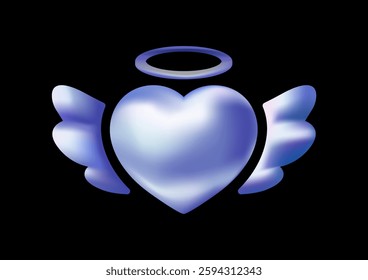 3d holographic heart. Iridescent chromatic heart with halo and angel wings. Modern design element as symbol of love. Vector illustration in y2k style isolated on black background