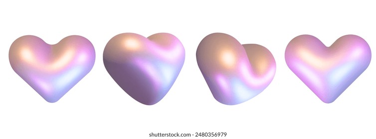 Corazones holográficos 3D aislados sobre un fondo blanco. Render de corazones cromados iridiscentes 3d. Símbolo de amor metálico brillante para diferentes diseños. Conjunto de forma iridiscente y2k. Ilustración vectorial