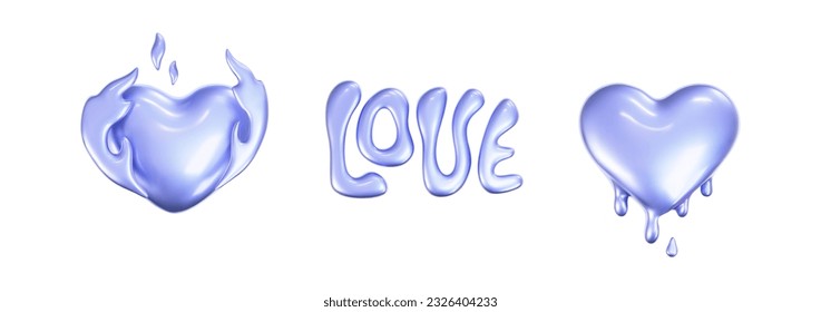 corazones holográficos 3d al estilo y2k aislados en fondo blanco. Representación de corazones cromados iridiscentes 3d con llama de fuego, fusión, texto amoroso y efecto gradiente arco iris. Ilustración vectorial y2k