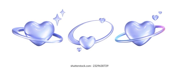 3d holographic hearts in y2k style set isolated on a white background. Render of 3d iridescent chrome hearts with galaxy planet, stars and rainbow gradient effect. 3d vector y2k illustration