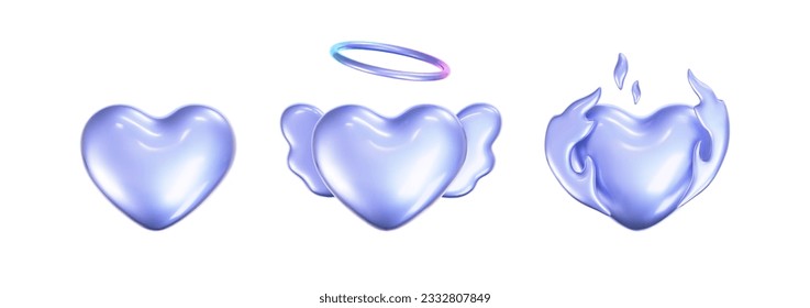 3d holographic hearts in y2k style set isolated on a white background. Render of 3d iridescent chrome hearts with fire flame, angel wings and rainbow gradient effect. 3d vector y2k illustration