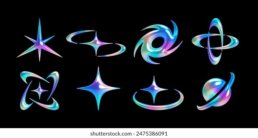 3d holographic iridescent abstract shapes in y2k aesthetic. Isolated elements with a chromed, shiny, glossy surface – star, spark, galaxy for futuristic, cosmic, celestial, sci-fi designs