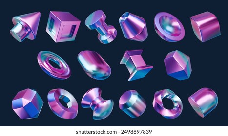 3d holographic iridescent metal shapes, rainbow chrome gradient figures. vector cone and cube, cylinder, pyramid and disk. Ring, sphere, hemisphere, prism, torus, hexagon or capsule, arrow, trapezoid