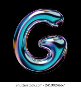 3d holographic letter G with rainbow reflective surface, metallic balloon bubble form, shiny gloss finish, vector illustration for y2k retro futuristic style design