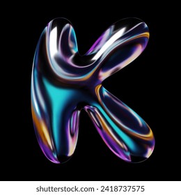 3D holographic letter K with glossy reflective surface, rendered in smooth transparent glass with highlights. Y2K style balloon bubble shape for retro futuristic design. Isolated vector illustration