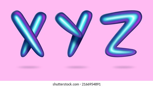 3d holographic lettering. Iridescent gradient letters X Y Z. Typographic minimalistic element. Golden font rainbow color. Vibrant gradient shape abc. Liquid neon color alphabet. Vector illustration