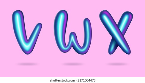 3d holographic lettering. Iridescent gradient letters V W X. Typographic minimalistic element. Golden font rainbow color. Vibrant gradient shape abc. Liquid neon color alphabet. Vector illustration