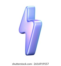 3D holographic lightning icon with a neon and chrome effect isolated on white background. Render of electric thunderbolt with a rainbow gradient. Energy, power and speed icon. 3D vector illustration